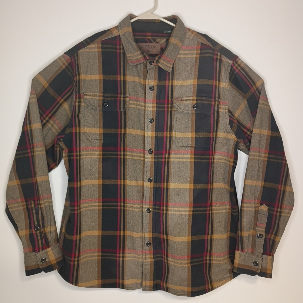 ORVIS Heavyweight Flannel Shirt Mens 2XL Brown Plaid Shacket 4 Pockets Big Bear - Picture 2 of 10